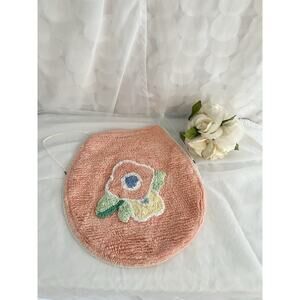 Vtg 50’s Chenille Bath Rug Toilet Seat Cover MCM Floral Peachy Pink in Color